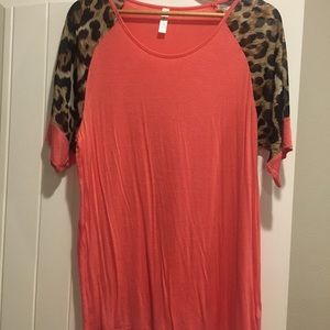 Coral Top with Sheer Cheetah Sleeves